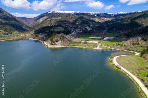 Cubuk Lake in Goynuk District of Bolu, Turkey. Beautiful lake view with windmills. Shooting with drone.