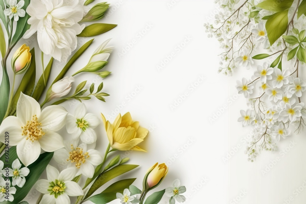Expressive Spring Floral Frame on a Clean White Background, spring flowers frame. Generative AI. Expressive Spring Floral Frame on a Clean White Background, spring flowers frame. Generative AI.