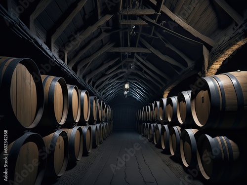 Storage cellar with barrels making wine. ai generative