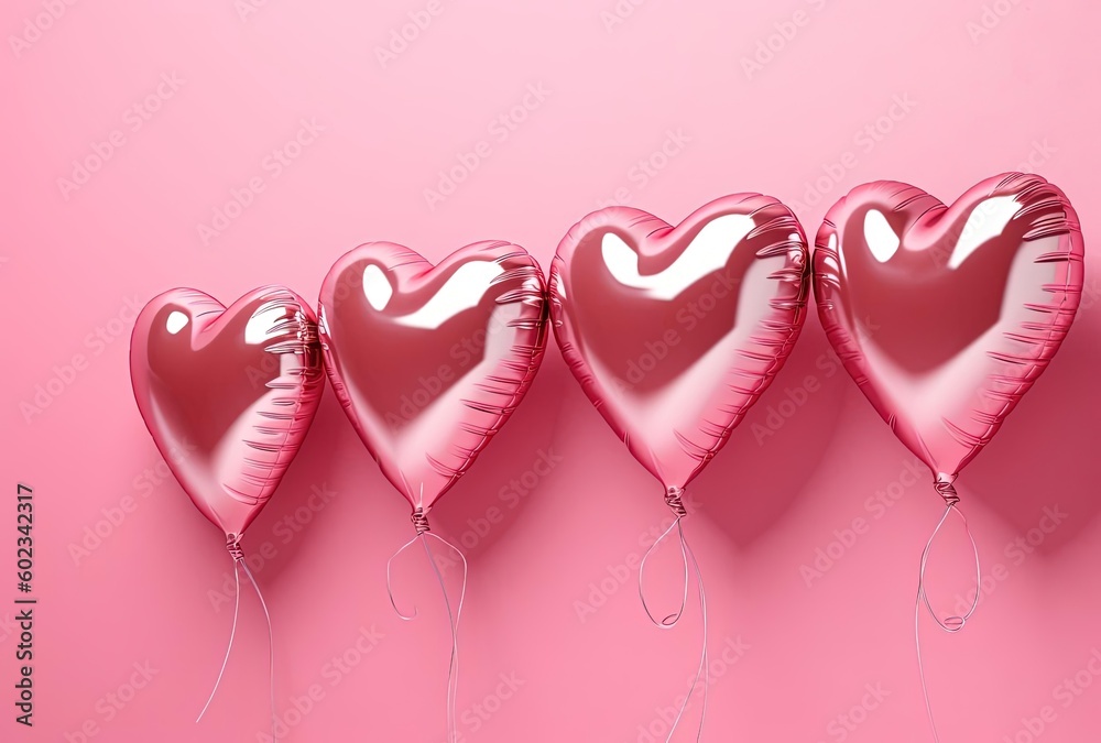 pink heart shaped foil balloons on a pink background, generative ai