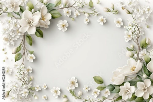 Expressive Spring Floral Frame on a Clean White Background  spring flowers frame. Generative AI.