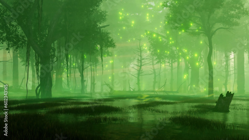 Mysterious forest swamp with magical supernatural fairy firefly lights soaring in the air at dark misty night. Fantasy 3D illustration from my 3D rendering file.
