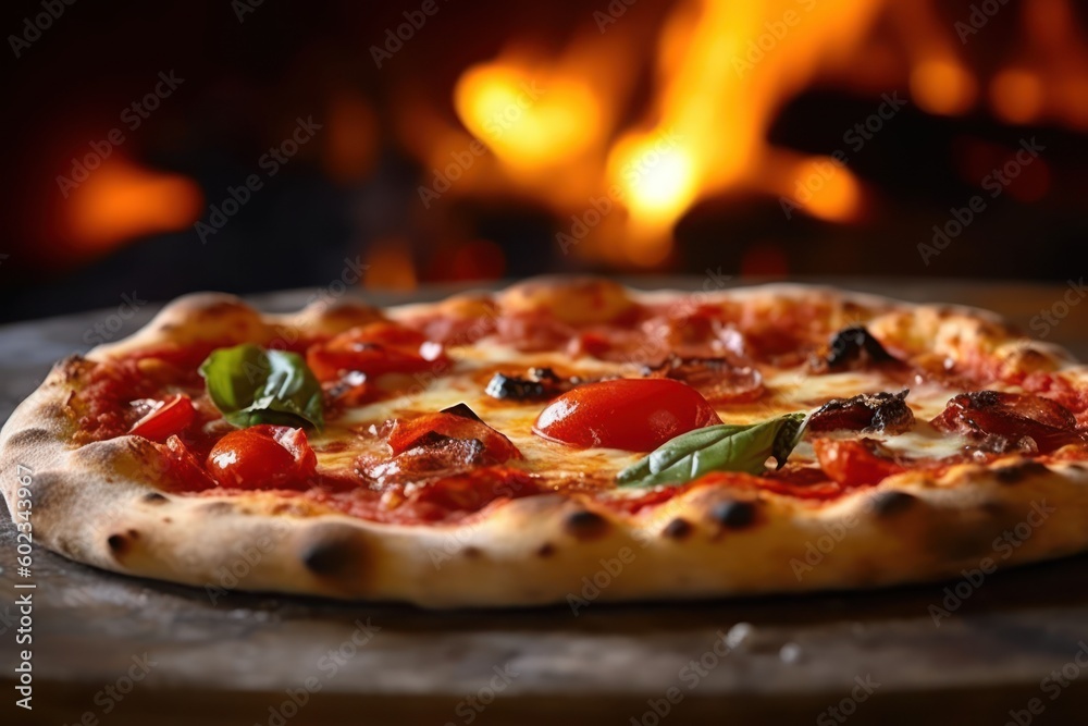 Fresh baked pizza closeup, traditional wood fired oven background. Generative AI
