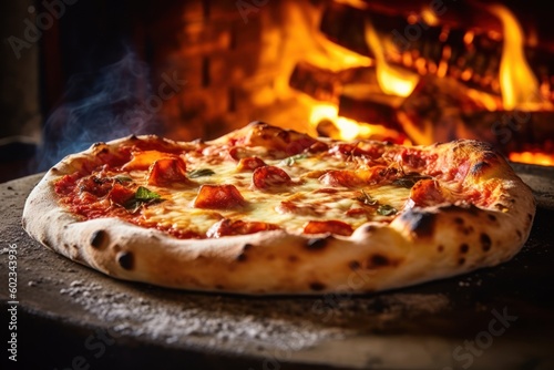Fototapeta Fresh baked pizza closeup, traditional wood fired oven background. Generative AI