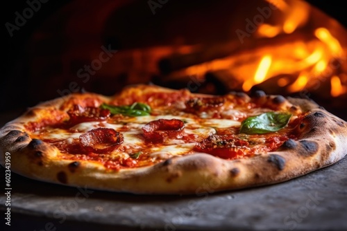 Fresh baked pizza closeup  traditional wood fired oven background. Generative AI