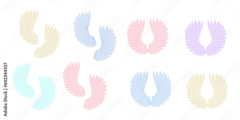 Set Of Pastel Colored Angel Wings Isolated On White Background