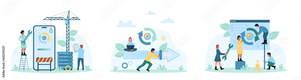 Software update set vector illustration. Cartoon tiny people upgrade mobile app and digital product, push progress status bar and recycle arrows, fix and change operation gears to load new version - obrazy, fototapety, plakaty 