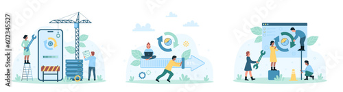 Software update set vector illustration. Cartoon tiny people upgrade mobile app and digital product, push progress status bar and recycle arrows, fix and change operation gears to load new version