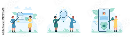 Data privacy, ID verification set vector illustration. Cartoon tiny people look through magnifying glass at fingerprint, holding key and secure shield to protect login and password access to account photo