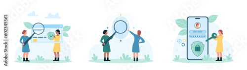Data privacy, ID verification set vector illustration. Cartoon tiny people look through magnifying glass at fingerprint, holding key and secure shield to protect login and password access to account