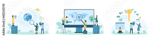 Network, VPN service and privacy set vector illustration. Cartoon tiny people look through magnifying glass at scheme of IP addresses, search secure access point, hosting and keys on world map