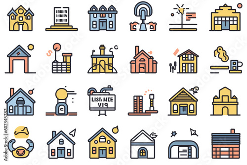 Set of line icons related to real estate, property, buying, renting, house, home. Outline icon collection. Editable stroke. Vector illustration. Linear business symbols