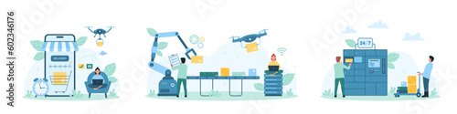 Post delivery service set illustration. Cartoon tiny people control machinery and conveyor belt in factory warehouse, work with automated equipment for shipping parcel, using mailbox in locker kiosk