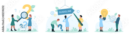 Making decision, choice set vector illustration. Cartoon tiny people look through magnifier at question mark and arrow guideline, untangle wire of light bulb, ask guideline manual to solve problem