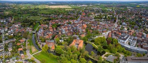 Aerial view of the city Winsen in Germany on a sunny spring day 