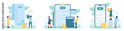 Tax payment and calculation set vector illustration. Cartoon tiny people work with online invoices, taxation statement, list form and electronic payroll documents to calculate and pay money coins