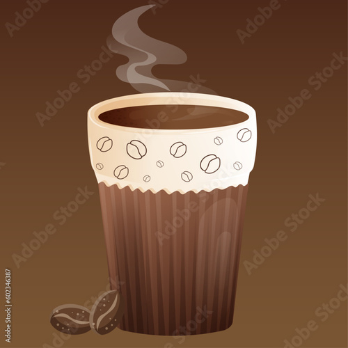 Tall brown cup of coffee with coffee bean drawings and steam on a brown background. Realistic glass mug with coffee beans on the side for coffee shop
