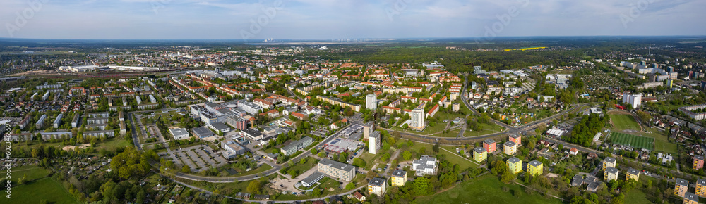 Aerial around the city Cottbus in Germany on a sunny spring day	