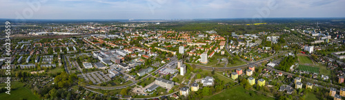 Aerial around the city Cottbus in Germany on a sunny spring day 