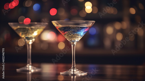 Dry martini cocktails glasses with green olives. Blurred bar lights at background. Classic alcoholic drink for party and happy hour in triangular glass. Generative ai © Syntetic Dreams