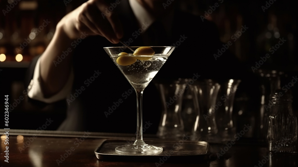 Bartender Serving Dry martini cocktail glass with green olives at bar. Classic alcoholic drink for party and happy hour in triangular glass. Generative ai