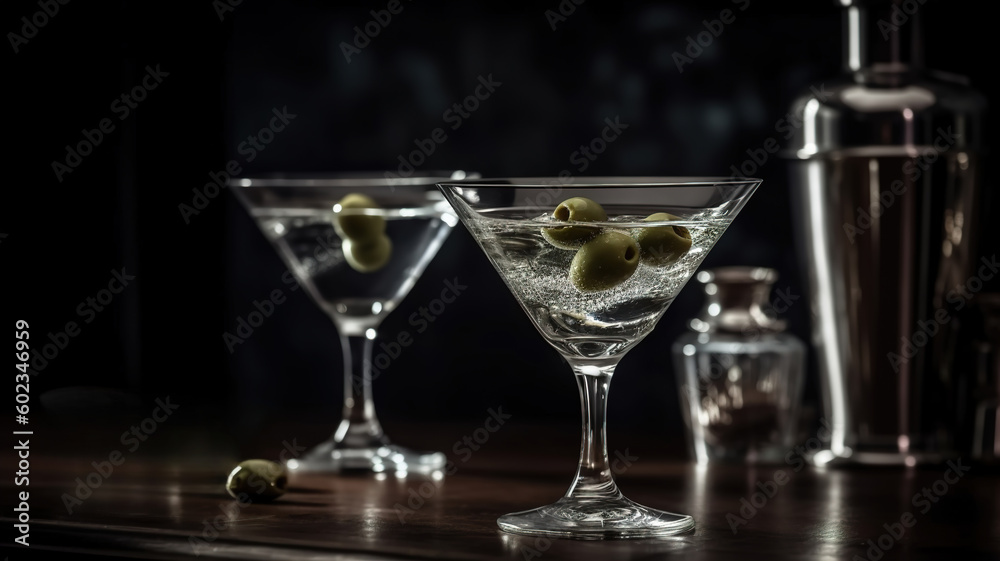 Dry martini cocktails glasses with green olives. Bar shaker background. Classic alcoholic drink for party and happy hour in triangular glass with bar shaker. On black background. Generative ai