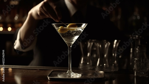 Bartender Serving Dry martini cocktail glass with green olives at bar. Classic alcoholic drink for party and happy hour in triangular glass. Generative ai