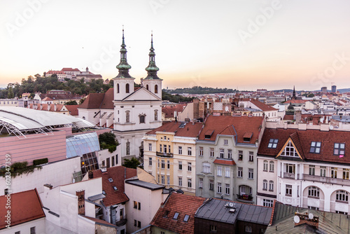 Skyline of Brno with the Church of Saint Michael the Archangel and Spilberk castle, Czech Republic