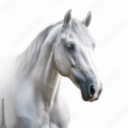 "Discover the elegance of a white horse in this detailed illustration. The graceful creature, beautifully rendered, exudes a sense of serene majesty."