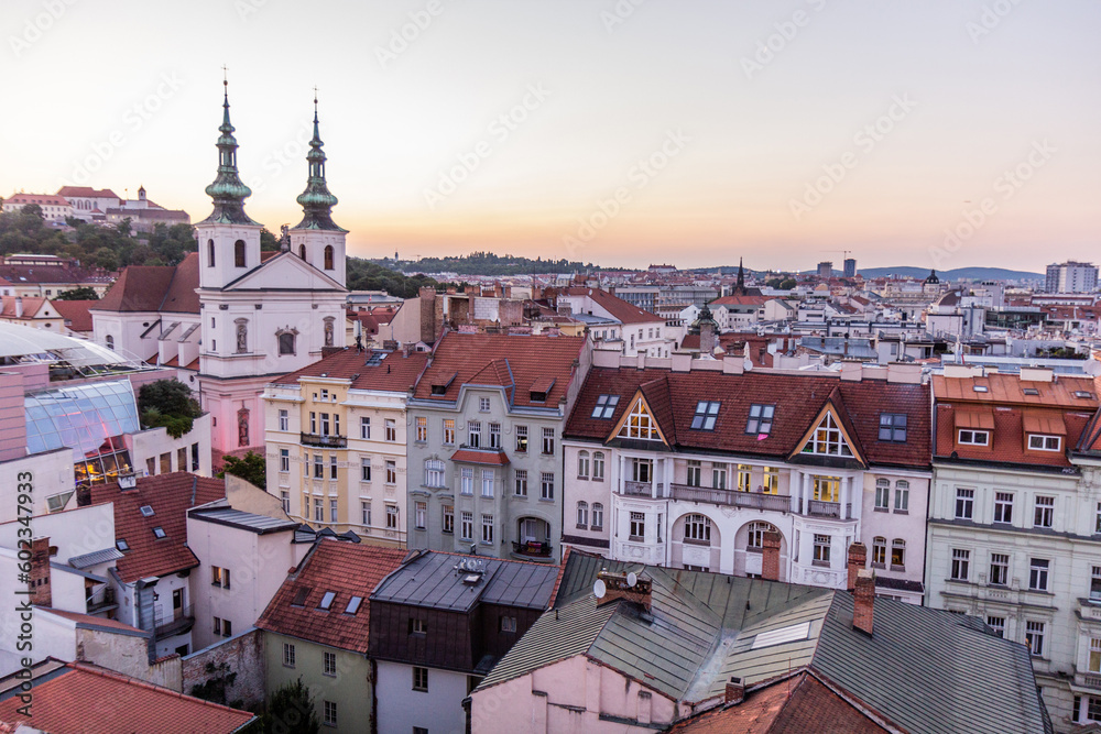 Evening skyline of Brno with the Church of Saint Michael the Archangel and Spilberk castle, Czech Republic
