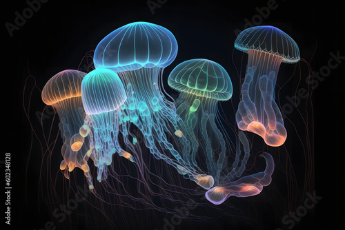 Glowing sea jellyfishes on underwater environtment Background © MochSjamsul
