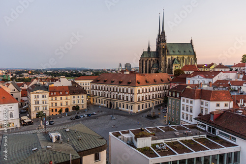Evening skyline of Brno city with Zelny trh square and the cathedral of St. Peter and Paul, Czech Republic photo