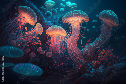 Glowing sea jellyfishes on underwater environtment Background