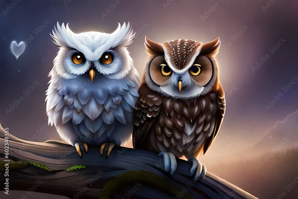 Fototapeta premium Moment of tenderness between a pair of owls birds, two birds in love on a branch, Generative AI