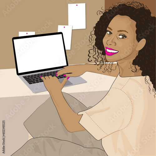 Young business woman sitting on chair and working on laptop. Freelance girl work in modern office, coworking or lounge zone of public place. Self employed concept. Cartoon style vector flat realistic