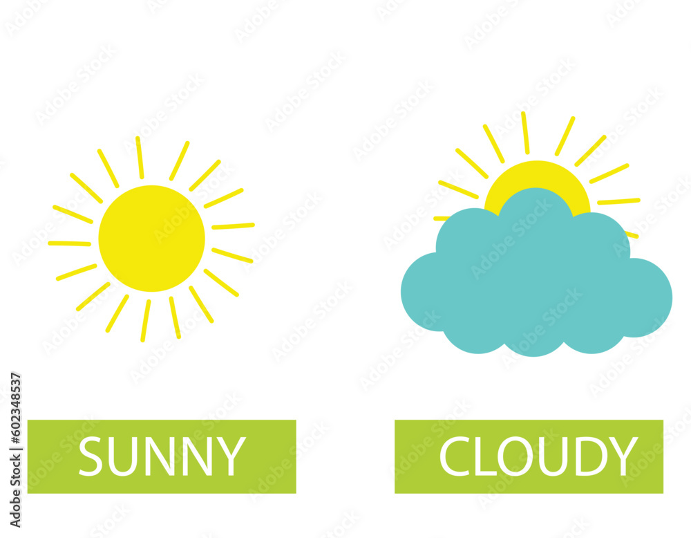 sunny and cloudy antonyms word card vector template. Flashcard for