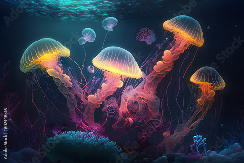 Glowing sea jellyfishes on underwater environtment Background