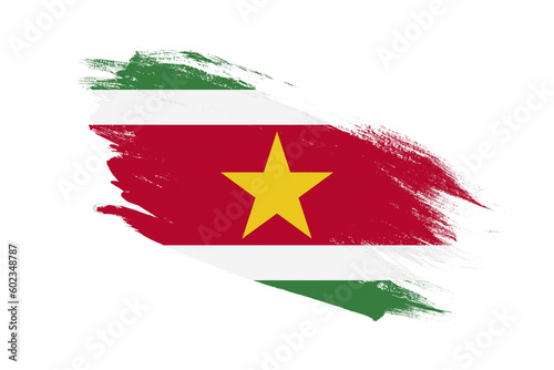 Suriname flag with stroke brush painted effects on isolated white background photo