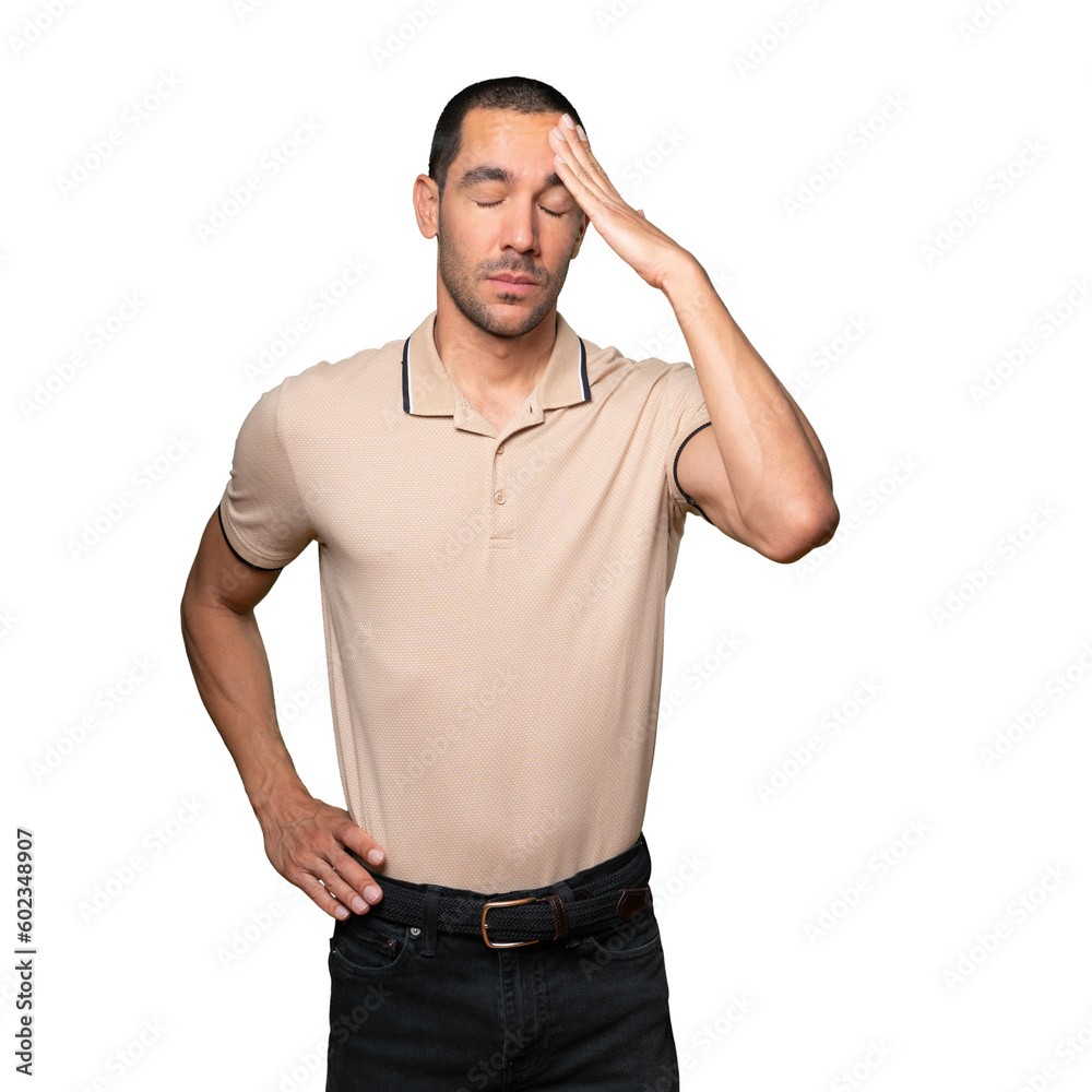 Concerned young man with a stress gesture Concerned young man with a stress gesture