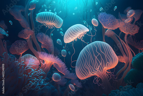 Glowing sea jellyfishes on underwater environtment Background