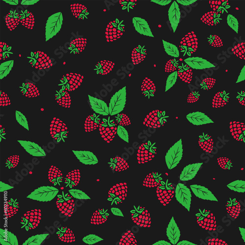 Raspberries pattern. Vector illustration  raspberries, raspberries seed & raspberries leaves, 
which are arranged randomly on a dark background.