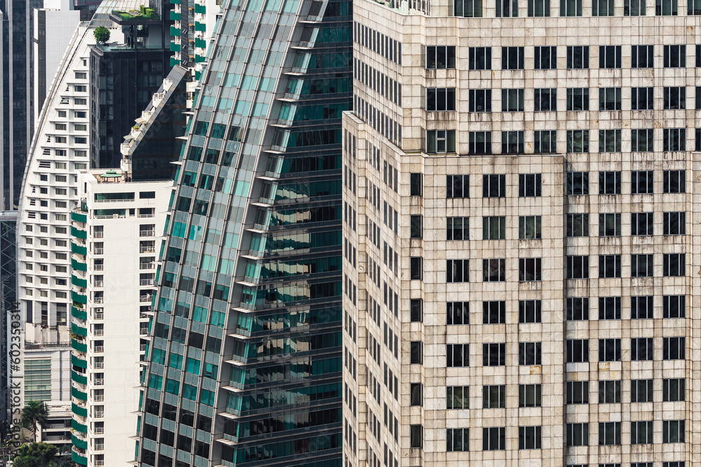 Exterior design of modern buildings facade in Bangkok metropolis. Different skyscrapers architecture design