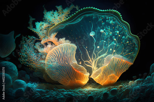 Glowing Shell Coral And Reef on underwater environtment Background
