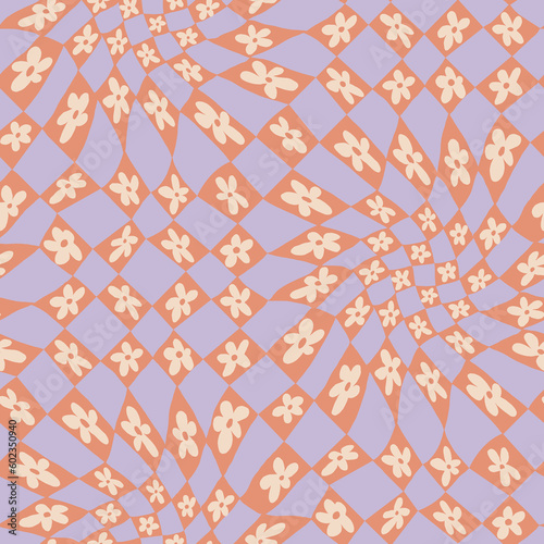Checkered Daisy flowers psychedelic seamless print in 60s and 70s style. Vector illustration