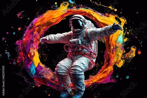 Astronaut in space suit and helmet on black background with colorful splashes. Created with Generative AI tools © DIGITALSHAPE
