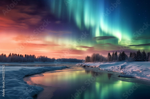 Northern Lights over Snowy Landscape with River  Generative AI