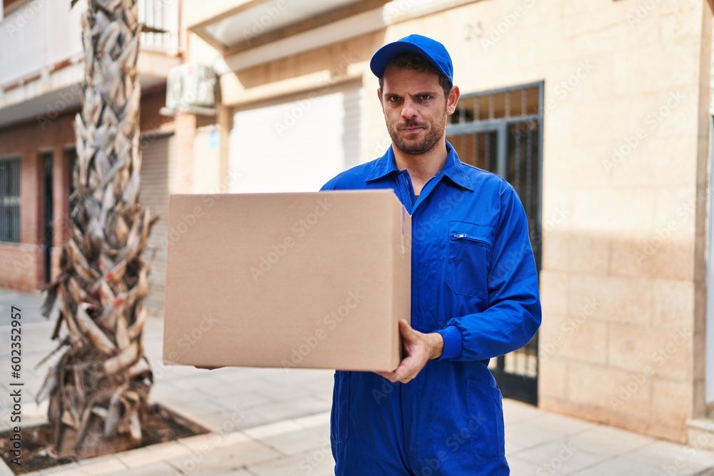 Young hispanic man delivering box skeptic and nervous, frowning upset because of problem. negative person. Young hispanic man delivering box skeptic and nervous, frowning upset because of problem. negative person.