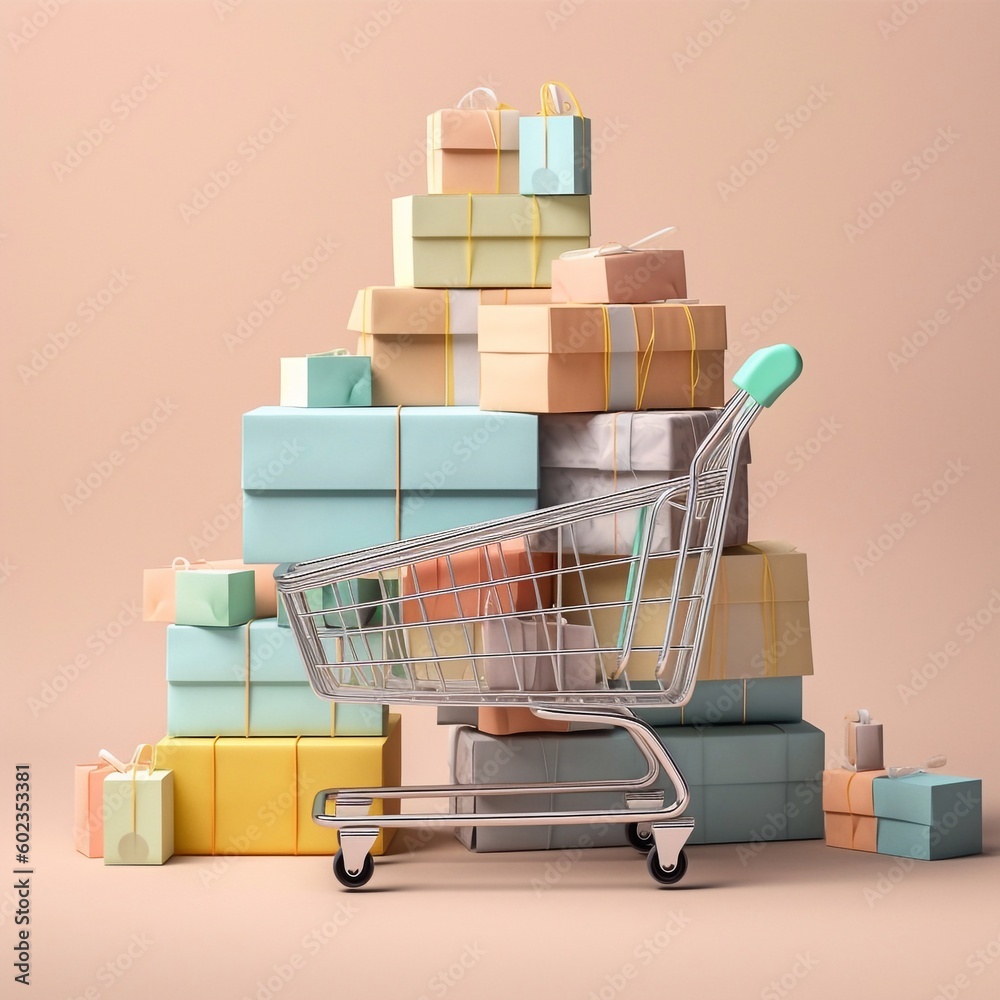 Shopping cart, paper bags and boxes on pink background.Online shopping, e-commerce concept. Generative AI technology