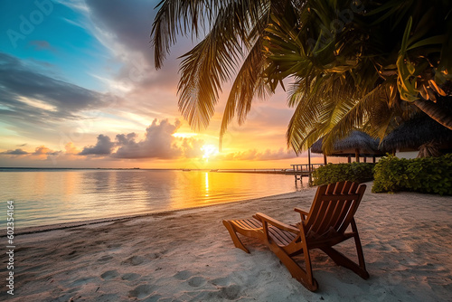 evening scenery on maldives tropical island with palm trees and sun lounger generative ai