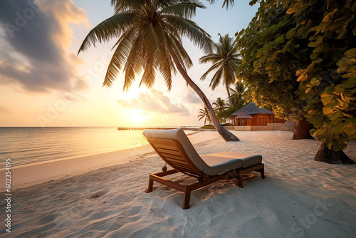 evening scenery on maldives tropical island with palm trees and sun lounger,generative ai © sirisakboakaew